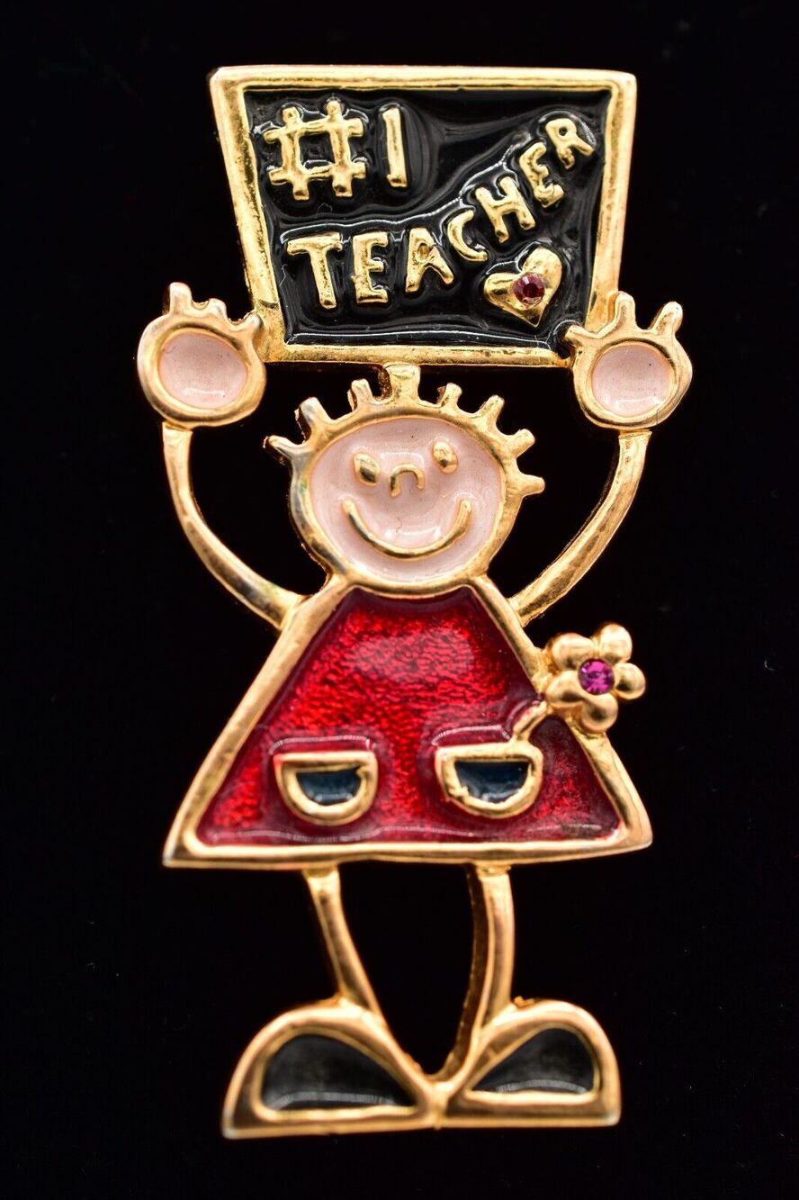 TC Vintage #1 Teacher Pin Brooch Enamel Gold Tone Chunky Signed 1980s BinAH